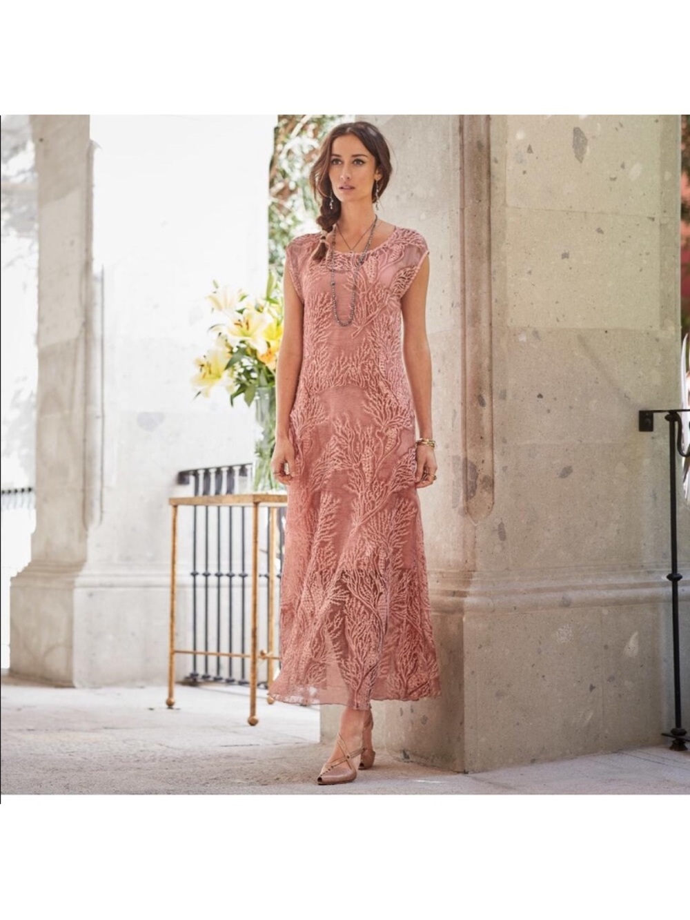 Sundance Dress Womens 12 Silk Coral Embroidered Maxi